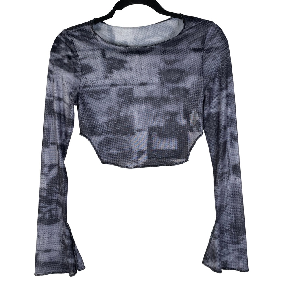 SHEIN Face Print Mesh Crop Top Womens Small Grey Excellent Bell Sleeve Vampy Y2K